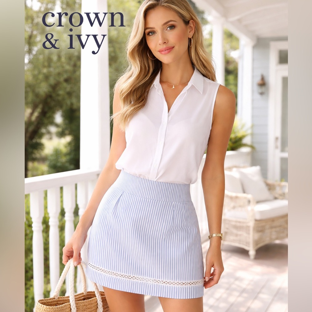 Crown & Ivy, Blue Stripe Skort Pull-On Golf Tennis Preppy Coastal Resort Size 4